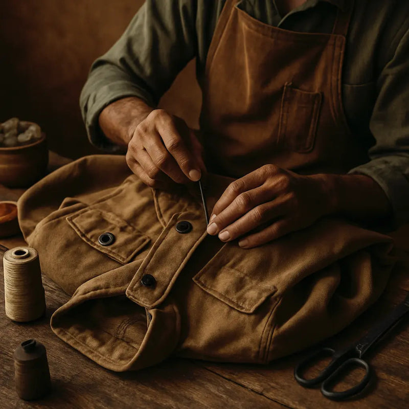 Person wearing a brown apron working on a brown jacket with sewing tools on a wooden table.