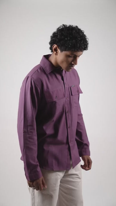 video of a man posing in a purple cotton linen shirt