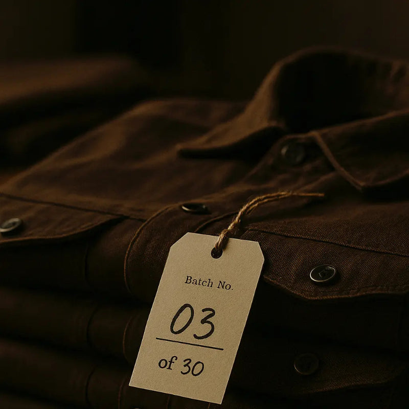 Brown jacket with a batch number tag on a dark background