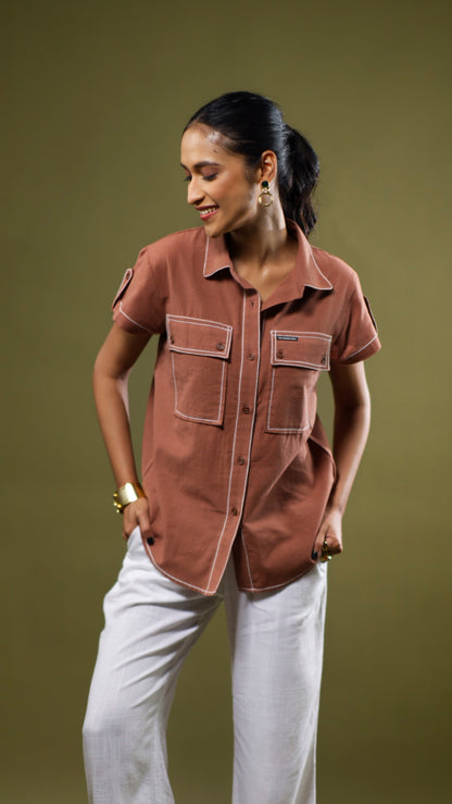 Women's Cotton Linen Shirt - Terracotta Brown